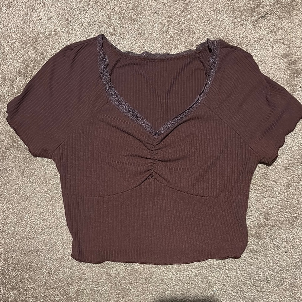 Brown Lace Trim Women's Top